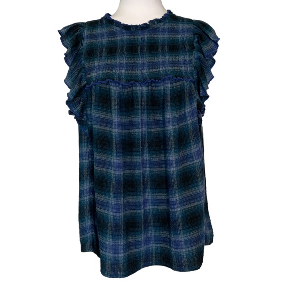 BEACHLUNCHLOUNGE Lori Blue Plaid Lori Ruffled Sleeveless Top - Size Small - Picture 3 of 5